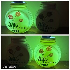 Vintage 40s UV Uranium Milk Glass Art Deco Tulip Salt & Pepper Shaker Set